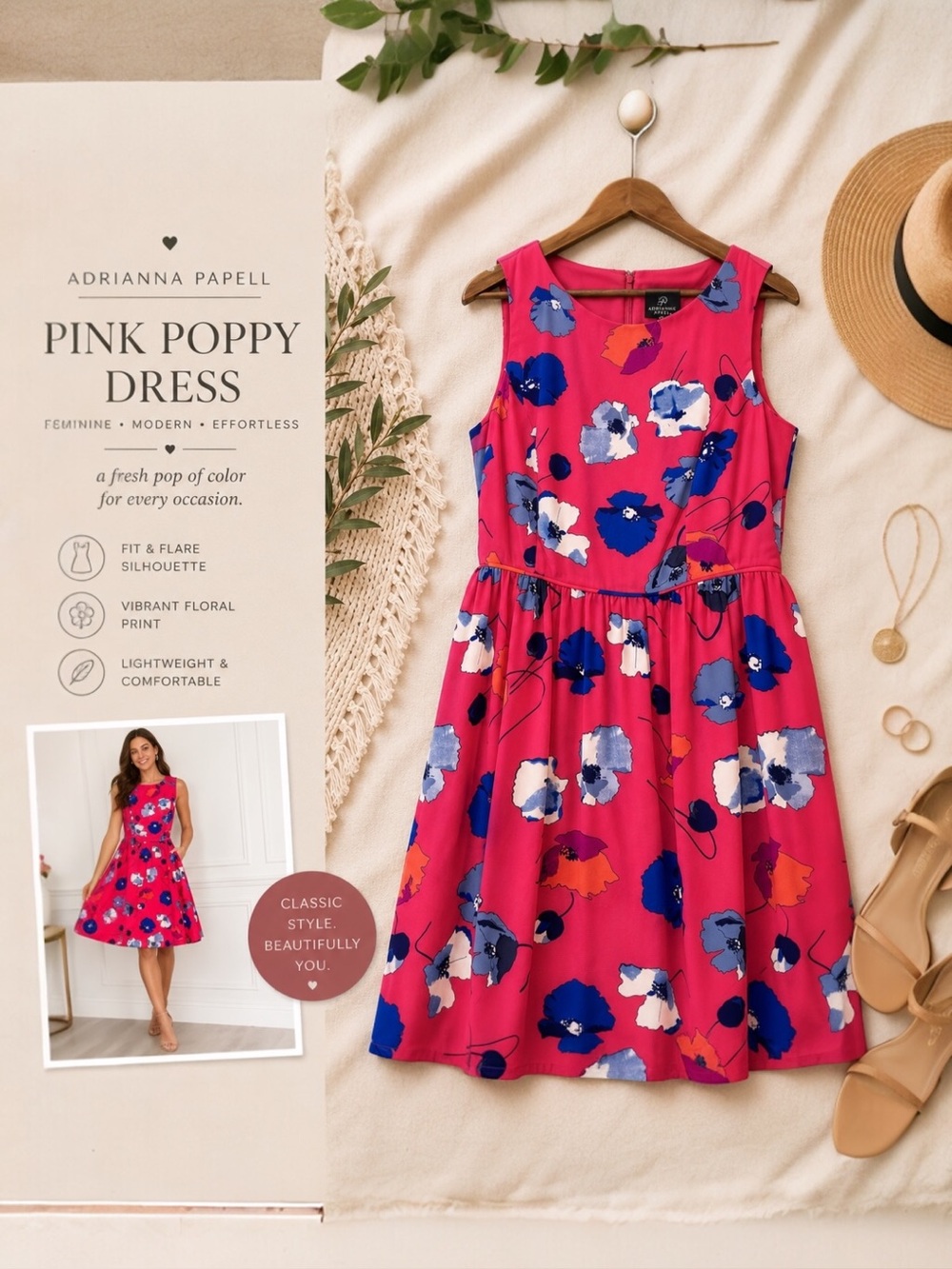 Adrianna Papell Pink Floral Fit & Flare Dress Size 8 Sleeveless Poppy Print